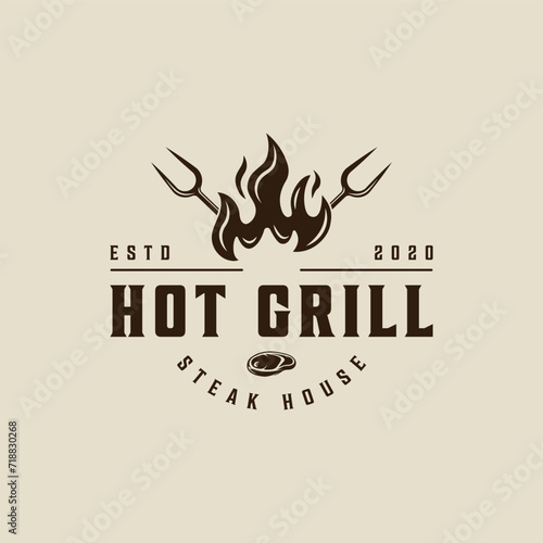 barbecue logo vintage vector illustration template icon graphic design. BBQ grill with flame sign or symbol for food restaurant steak house with retro typography style