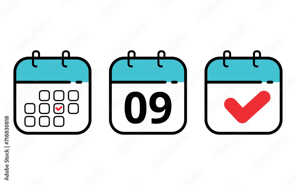 Three calendar icons in different formats. Calendar flat icons for sits blogs and graphic resources. Calendar with a specific day marked, day 09. Three calendar icons in different formats. Calendar flat icons for sits blogs and graphic resources. Calendar with a specific day marked, day 09.