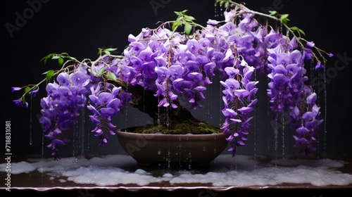 A morning dew-drenched Wisteria Bonsai, showcasing the beauty of water droplets clinging to the delicate flowers and leaves.