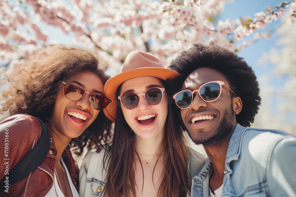 a group of young diverse cheerful and happy people students taking a selfie on a wide angle on a stroll through nature during spring break vacation holiday, blossom and tree bloom in the background - obrazy, fototapety, plakaty 