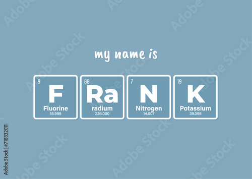 Vector inscription name FRANK composed of individual elements of the periodic table. Text: My name is. Blue background