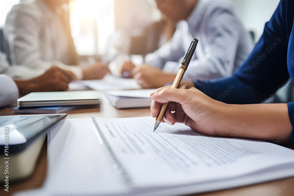 Company of colleagues or businessmen work together using documents and various office supplies. Side photo Company of colleagues or businessmen work together using documents and various office supplies. Side photo