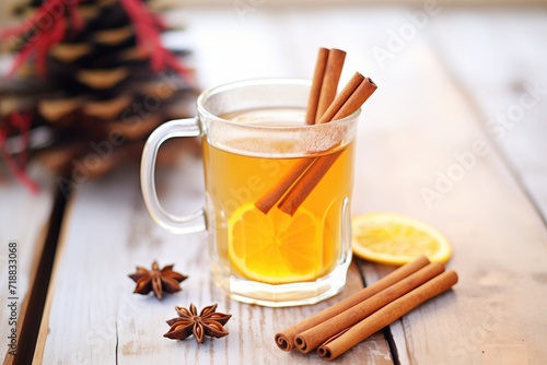 mulled cider in a clear mug with cinnamon sticks and orange slice