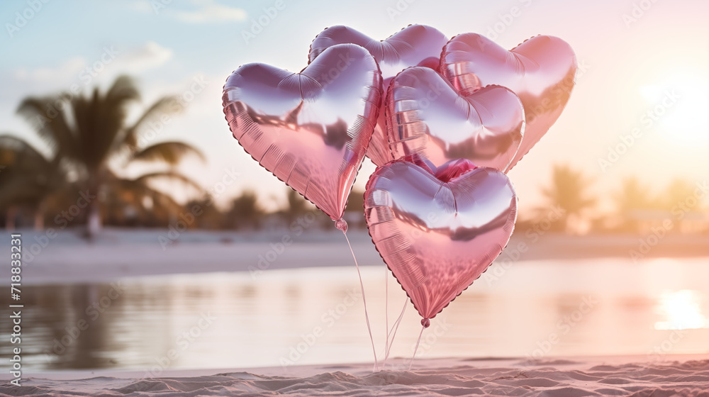 Fototapeta premium Pink heart balloons bouquet. Happy Valentine's day concept. AI generated image.