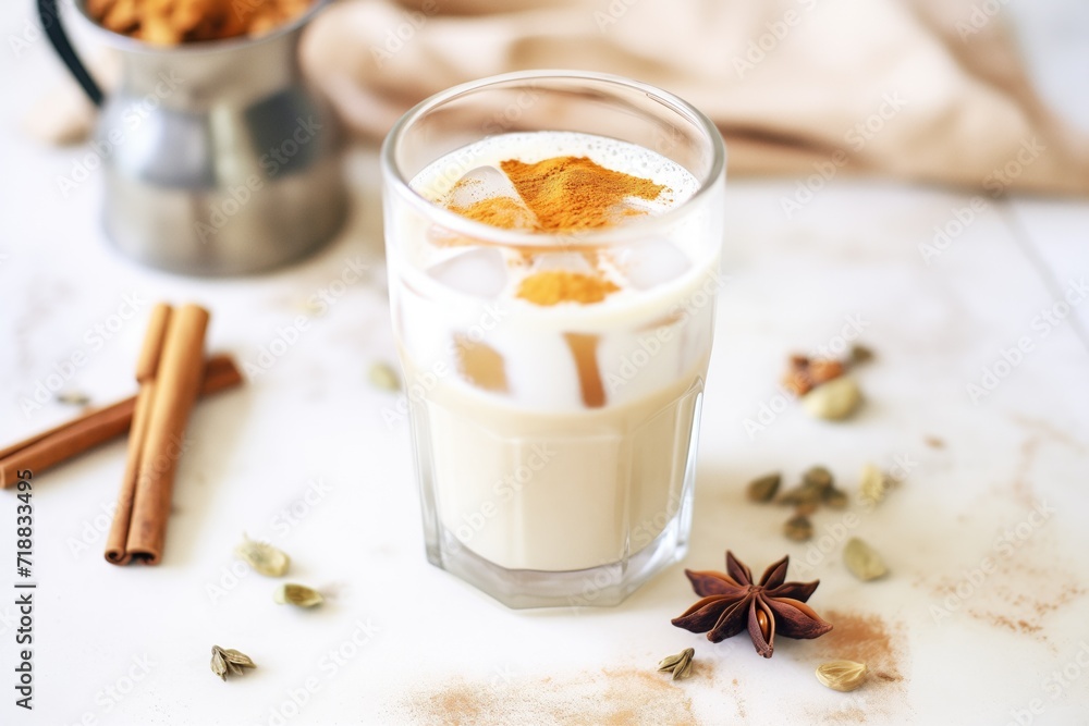 closeup of ice cubes and spices in chai latte, showing texture closeup of ice cubes and spices in chai latte, showing texture