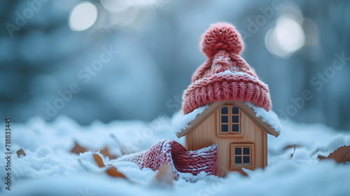 A wooden toy house in the snow in winter is covered with a hat and wrapped in a scarf the concept of keeping warm, generative ai,