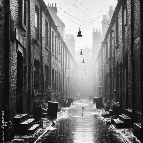 Canvas Print Old grainy black and white photograph of a back street in 1960s Britain