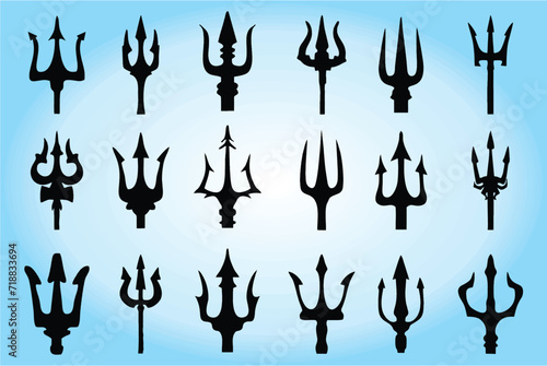 Trident icons set in editable vector format. Multiple style tridents. Easy to change color or manipulate for video online games or poster and banner. eps 10.