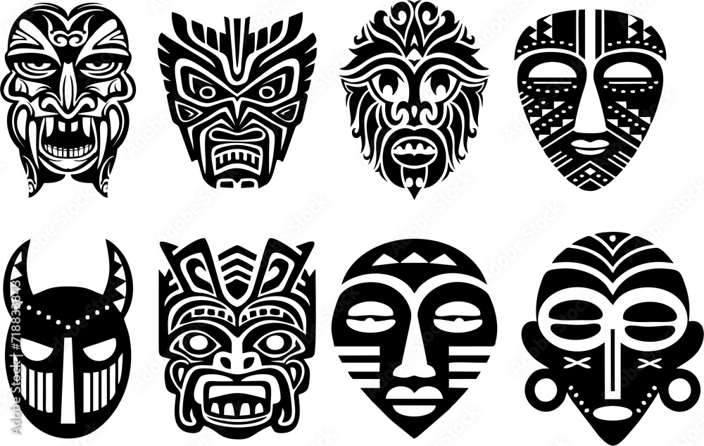 Ritual religious totem masks set. Ancient aboriginal deities for