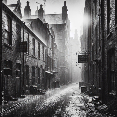 Old grainy black and white photograph of a back street in 1960s Britain