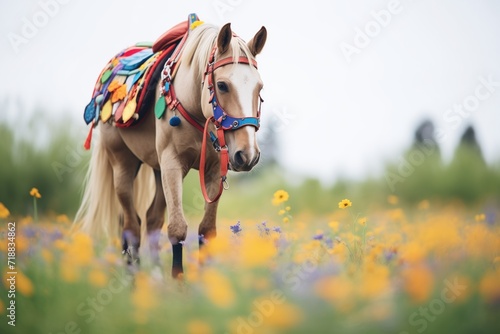 horse with colorful tack walking on a trail with wildflowers