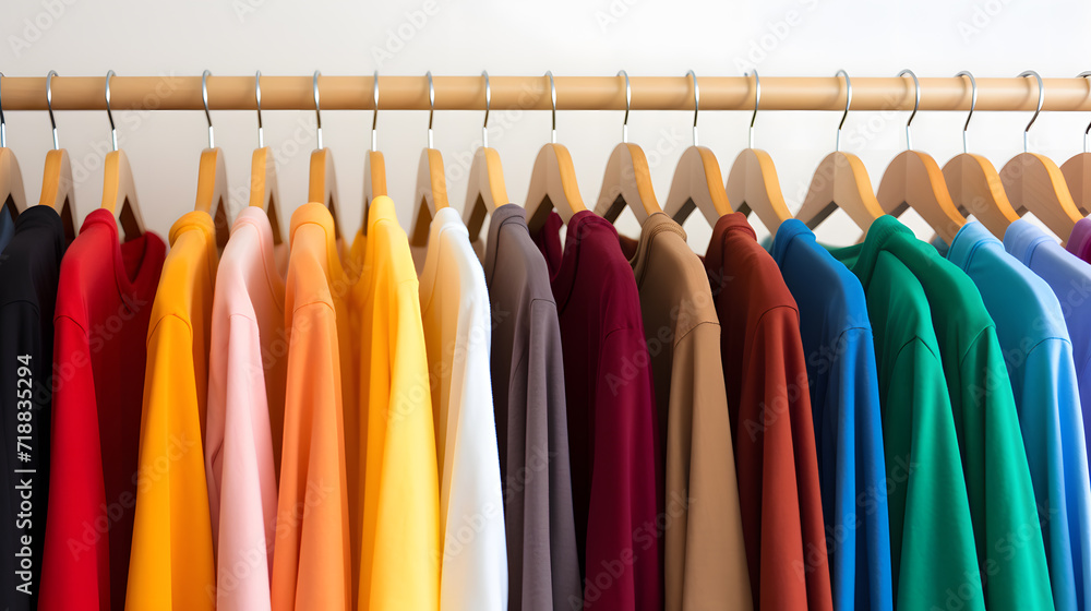 Photo of rack of T-shirts of different colors hanging on hangers. Fashionable and varied clothing concept Photo of rack of T-shirts of different colors hanging on hangers. Fashionable and varied clothing concept