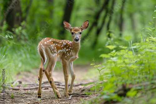 White tailed deer fawn witj hind on natural trail in north Wisconsin.