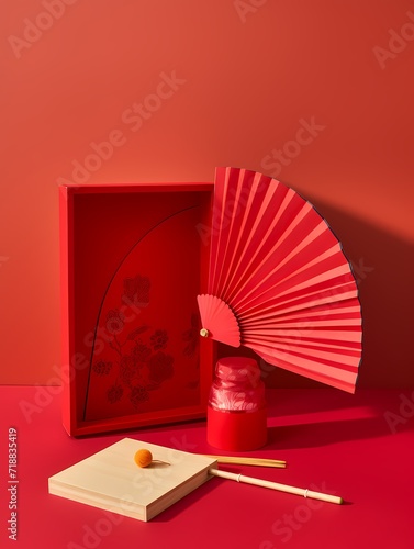 Chinese Traditional Red stage with Chinese Fan Decoration Frame and Border and Background
