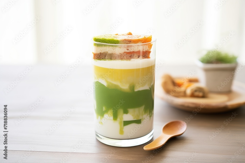 a matcha latte in a transparent mug, showing layers of milk and tea a matcha latte in a transparent mug, showing layers of milk and tea