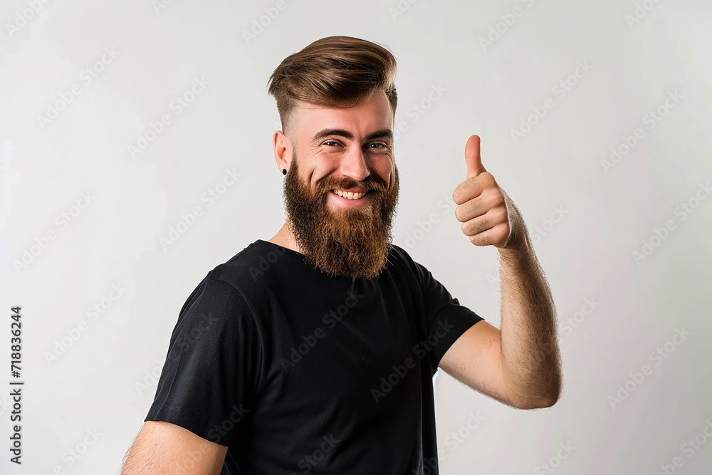 portrait of happy young man wearing back shirt with beard doing thumbs up on isolated white background portrait of happy young man wearing back shirt with beard doing thumbs up on isolated white background
