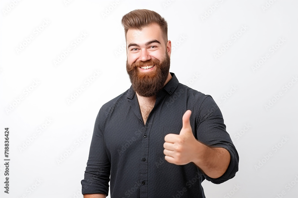 portrait of happy young man wearing back shirt with beard doing thumbs up on isolated white background portrait of happy young man wearing back shirt with beard doing thumbs up on isolated white background