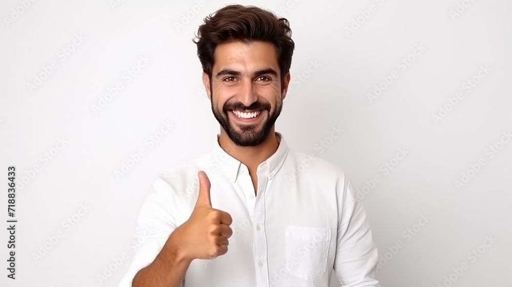 portrait of happy young man wearing back shirt with beard doing thumbs up on isolated white background portrait of happy young man wearing back shirt with beard doing thumbs up on isolated white background