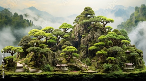 A panoramic shot of a Jasmine Bonsai forest, showcasing the diversity of sizes and shapes among the bonsai trees, creating a captivating miniature landscape.