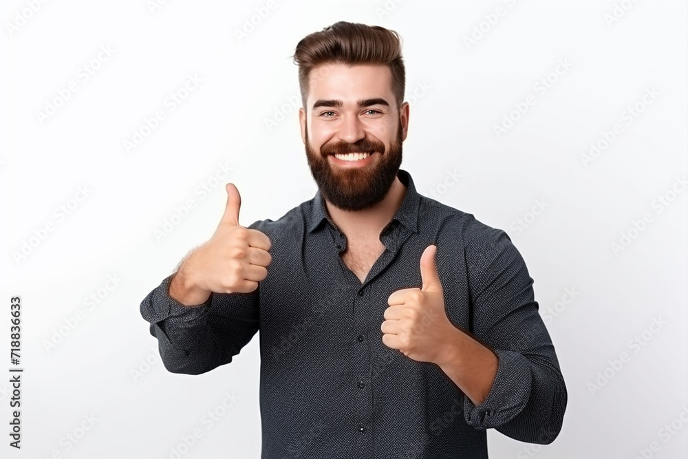 portrait of happy young man wearing back shirt with beard doing thumbs up on isolated white background portrait of happy young man wearing back shirt with beard doing thumbs up on isolated white background