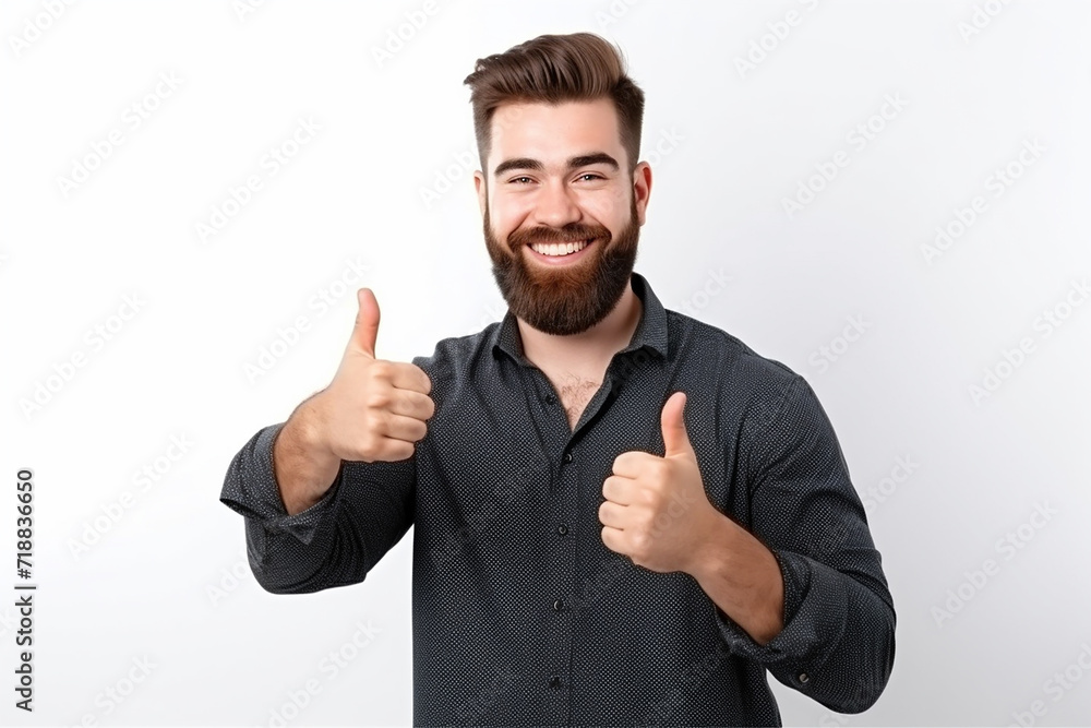 portrait of happy young man wearing back shirt with beard doing thumbs up on isolated white background portrait of happy young man wearing back shirt with beard doing thumbs up on isolated white background