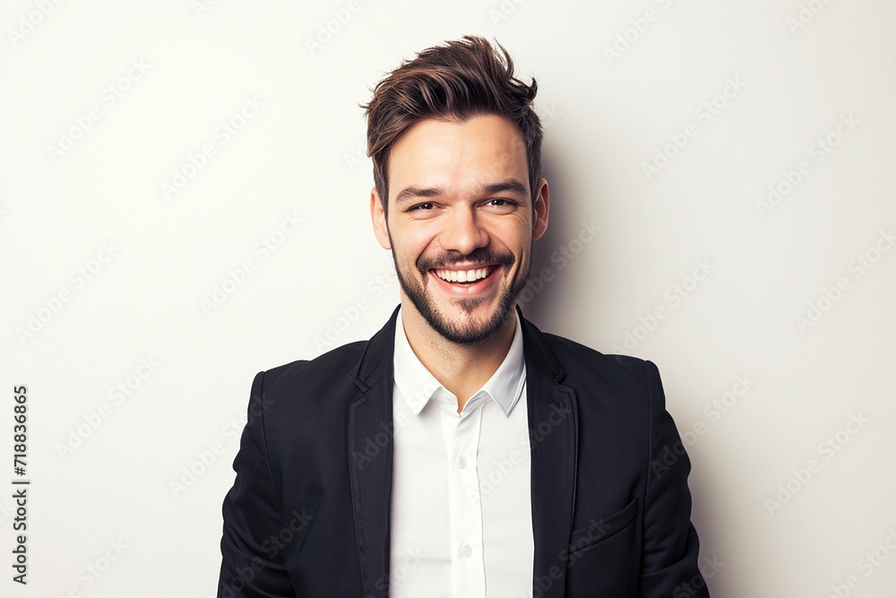 portrait of happy young businessman in black suit on isolated white background portrait of happy young businessman in black suit on isolated white background