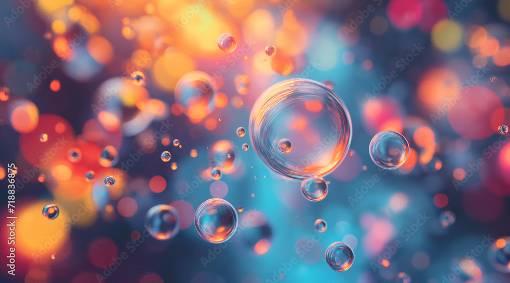 Suspended vibrant water droplets with a bokeh effect in a colorful, abstract composition