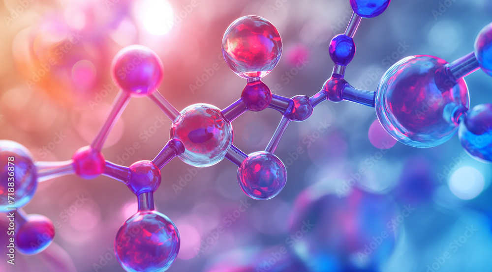 Close-up of a colorful molecular structure with a luminous, bokeh background in pink and blue hues Close-up of a colorful molecular structure with a luminous, bokeh background in pink and blue hues