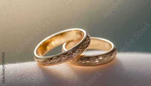 wedding rings.An intimate view of two intricately designed golden rings illuminated by gentle sunlight, against a dreamy pastel background, evoking a sense of elegance and romance. 
