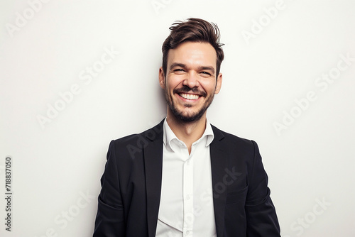 portrait of happy young businessman in black suit on isolated white background © Rafay