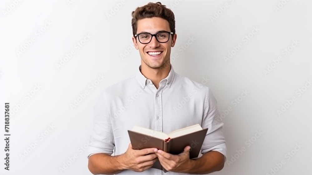 happy smart student boy with book on white isolated background happy smart student boy with book on white isolated background