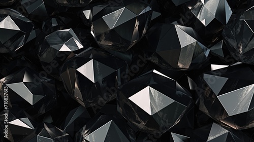 Abstract Black Diamonds with Reflective Surfaces. Close-up of numerous abstract black diamonds with sharp edges and reflective surfaces. © Oksana Smyshliaeva
