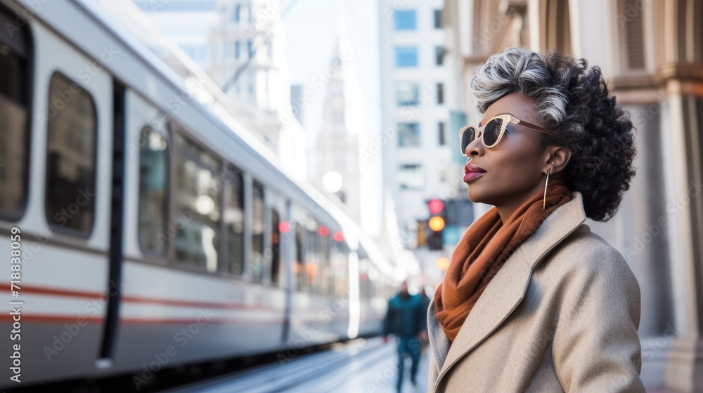 Fototapeta premium Downtown Discovery: Stylish Urban Exploration. Stylish African American woman in an urban setting with a city tram.