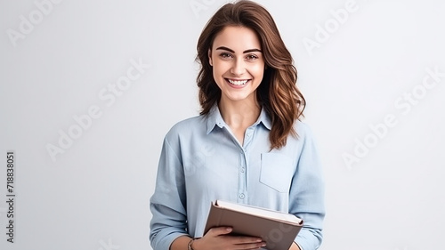 happy smart student woman with book on white isolated background