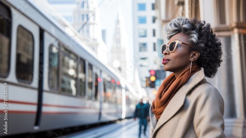 Downtown Discovery: Stylish Urban Exploration. Stylish African American woman in an urban setting with a city tram.