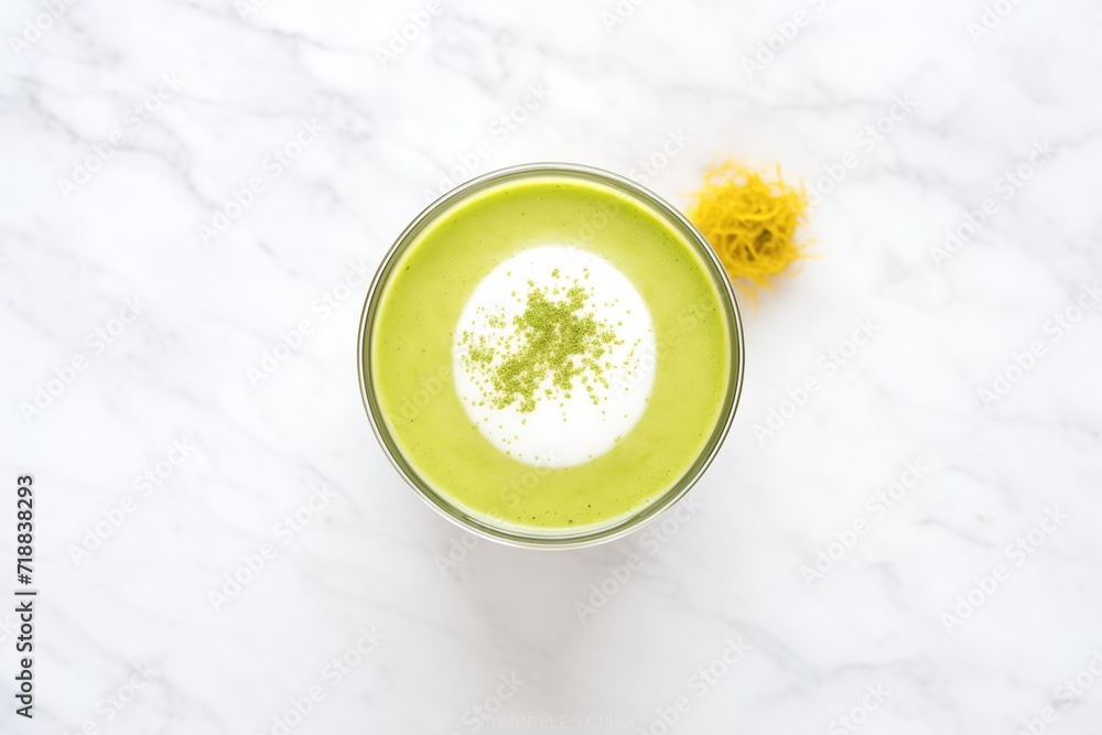 top view of iced matcha with frothy layer on marble surface top view of iced matcha with frothy layer on marble surface