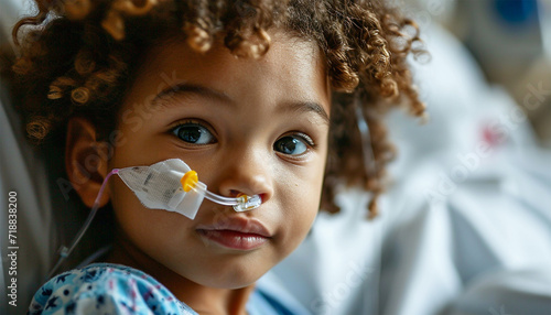 Little African American child in bed in hospital room. Child with IV tube and pulse oximeter in modern clinic. Kid recovering from sickness. Post operative care at children station. Kids health care  photo