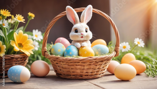 Easter scene with rabbit and colorful eggs. Small rabbit in yellow flower pot. Depicting rabbit in festive spring scene.