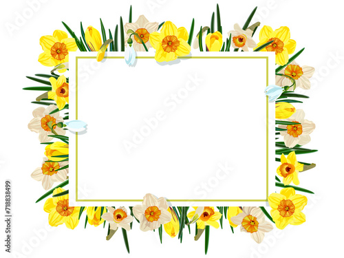 Floral frame with crocuses, daffodils, snowdrops.