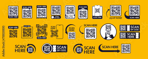 Set of QR code scan icon and sticker for mobile apps and payments. QR code scan for smartphone. Qr code for payment, mobile app and identification. Vector illustration.