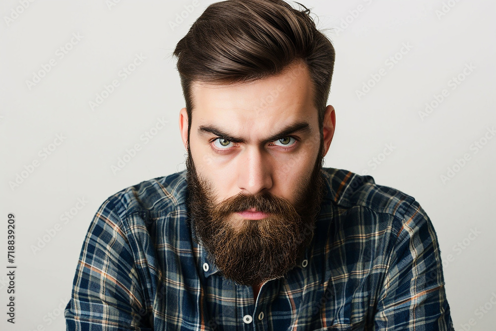 closeup of serious man with beard on white isolated background closeup of serious man with beard on white isolated background