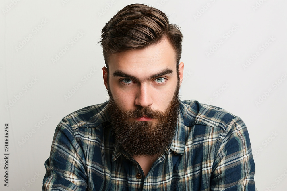 Obraz premium closeup of serious man with beard on white isolated background