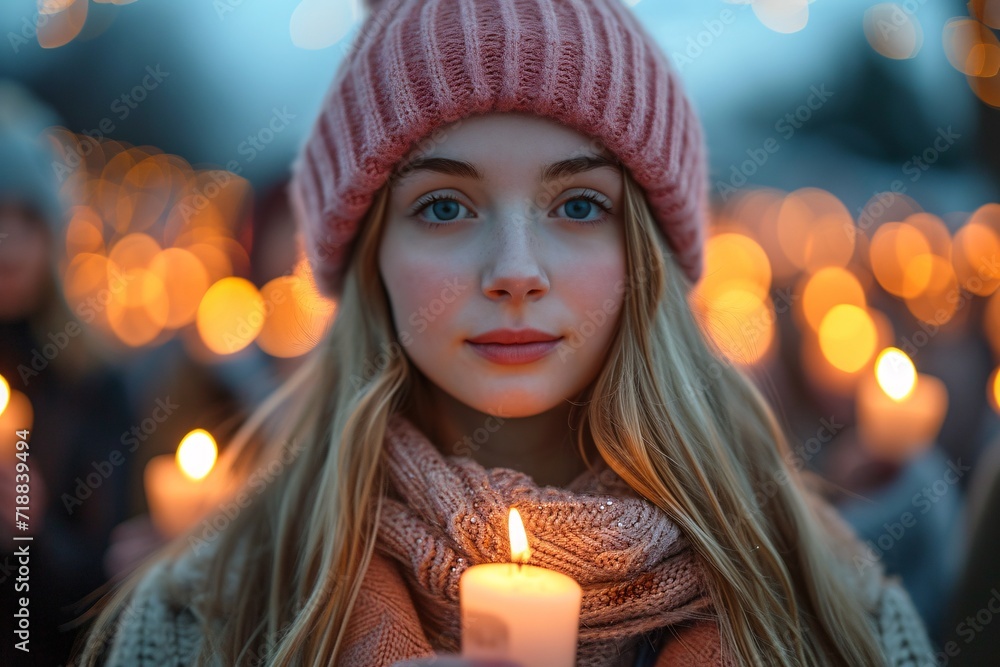Fall Fashion: A Blonde Woman in a Pink Beanie Holds a Lit Candle Generative AI Fall Fashion: A Blonde Woman in a Pink Beanie Holds a Lit Candle Generative AI