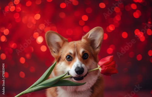 Corgi with a tulip against a red, bokeh background. Festive poster or invitation for Valentine's, Women’s Day. Holiday concept. Banner with copy space. © NeuroCake