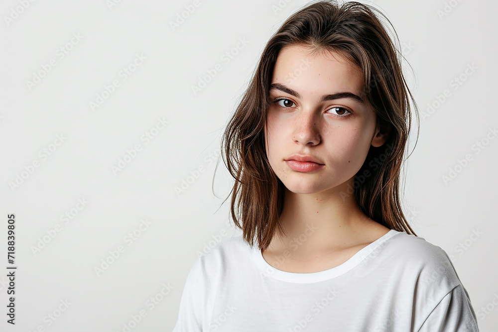 portrait of attractive serious woman with white t shirt on white isolated background portrait of attractive serious woman with white t shirt on white isolated background
