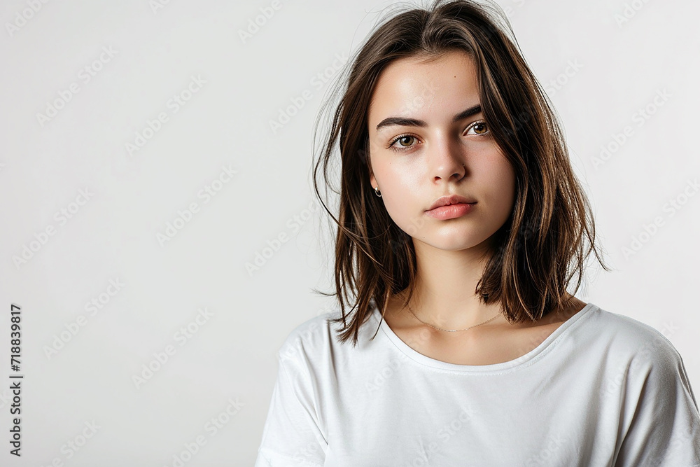 portrait of attractive serious woman with white t shirt on white isolated background portrait of attractive serious woman with white t shirt on white isolated background