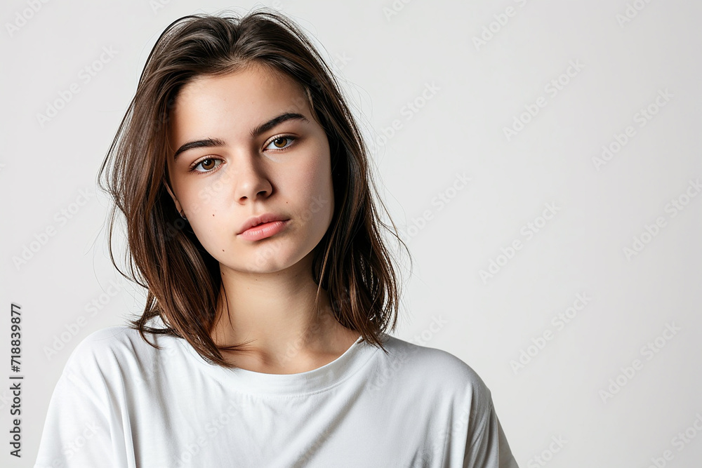 portrait of attractive serious woman with white t shirt on white isolated background portrait of attractive serious woman with white t shirt on white isolated background
