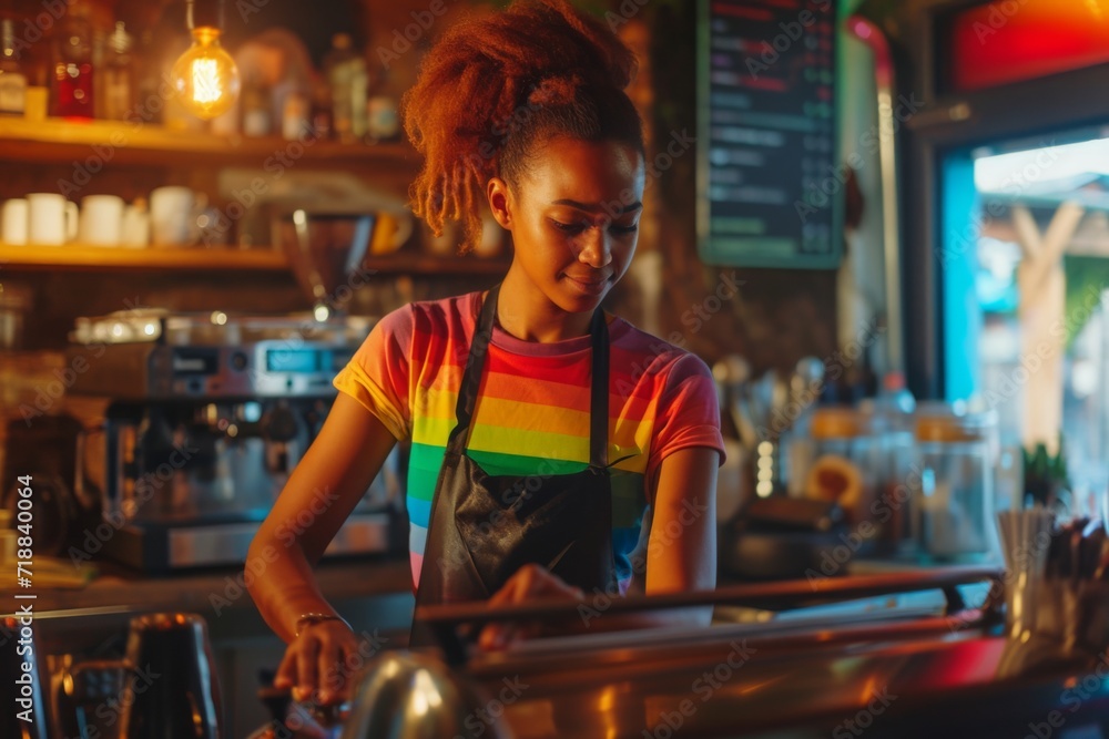 Afro-American woman barista working in caffe Afro-American woman barista working in caffe