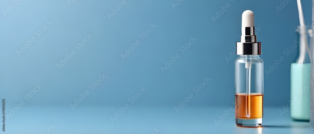 Image of a pipette dispensing cosmetic serum on a light blue background. Image of a pipette dispensing cosmetic serum on a light blue background.