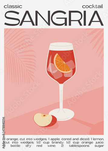 Classic Sangria cocktail with slice of orange and apple. Traditional Spanish drink with fruits and berries. Summer aperitif retro minimal poster. Wall art print with alcoholic beverage. Vector .